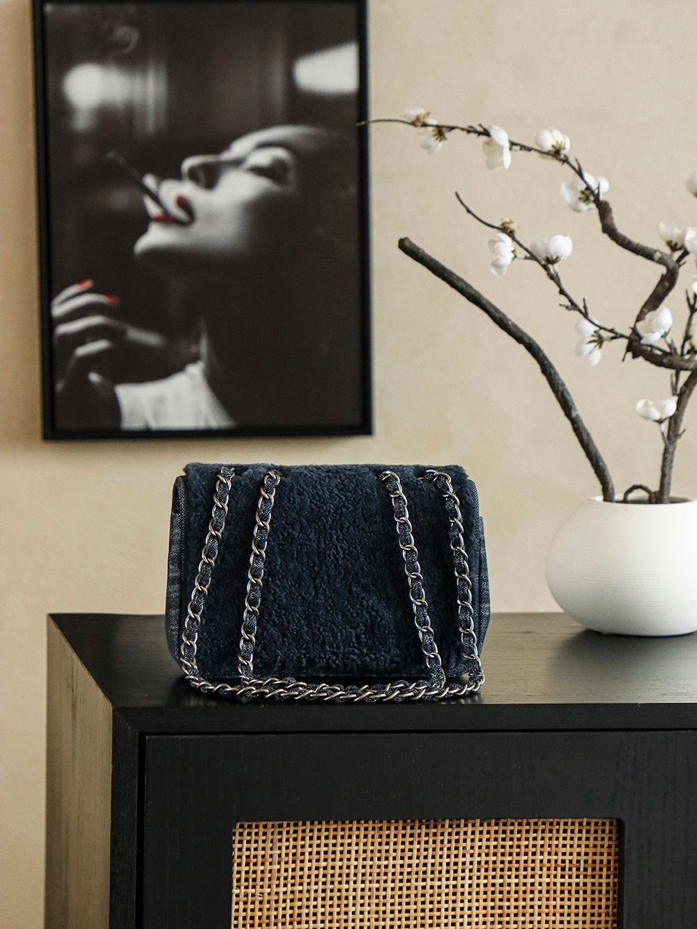 Chanel 2025 Dallas Shearling Star Bag 21cm Navy Blue Wool Denim 318220