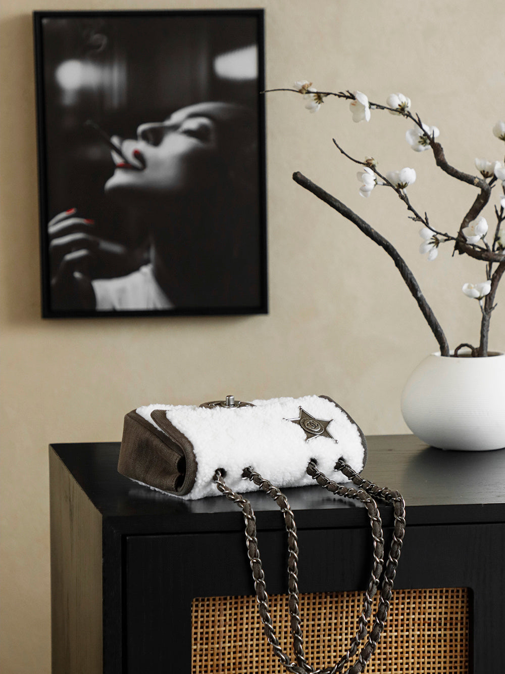 Chanel 2025 Dallas Shearling Star Bag 21cm White Dark Wool Denim 318221