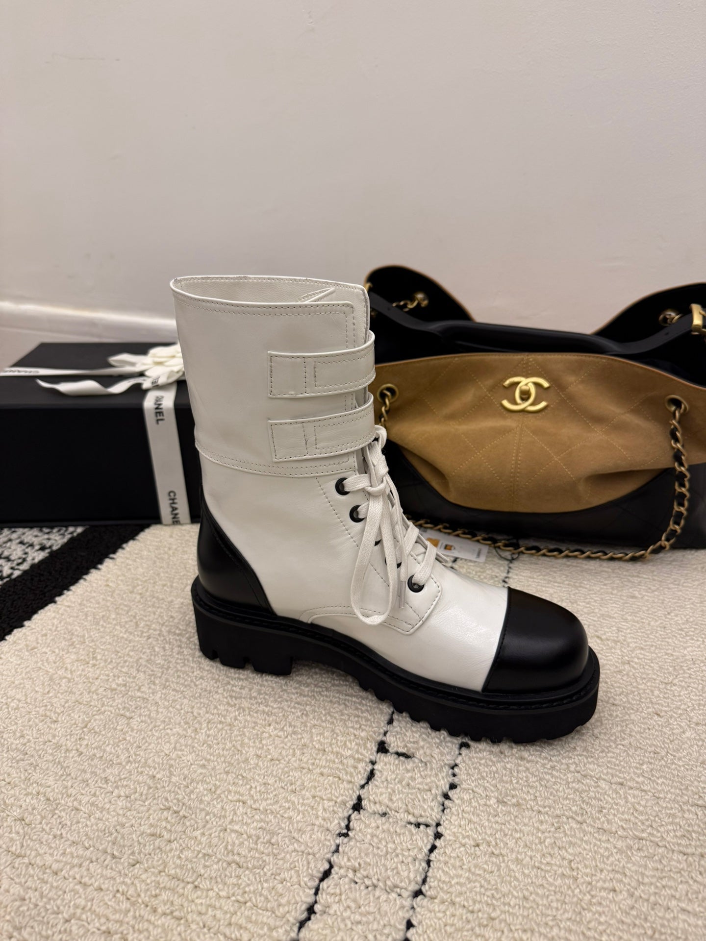 CC 2025 Lace-up Combat Boot White Leather 548114