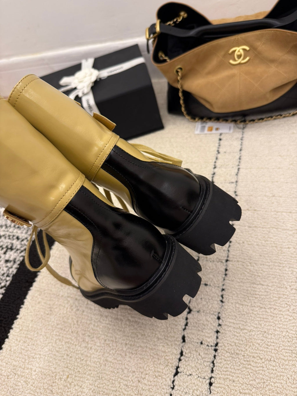 CC 2025 Lace-up Combat Boot Beige Black Leather 548116