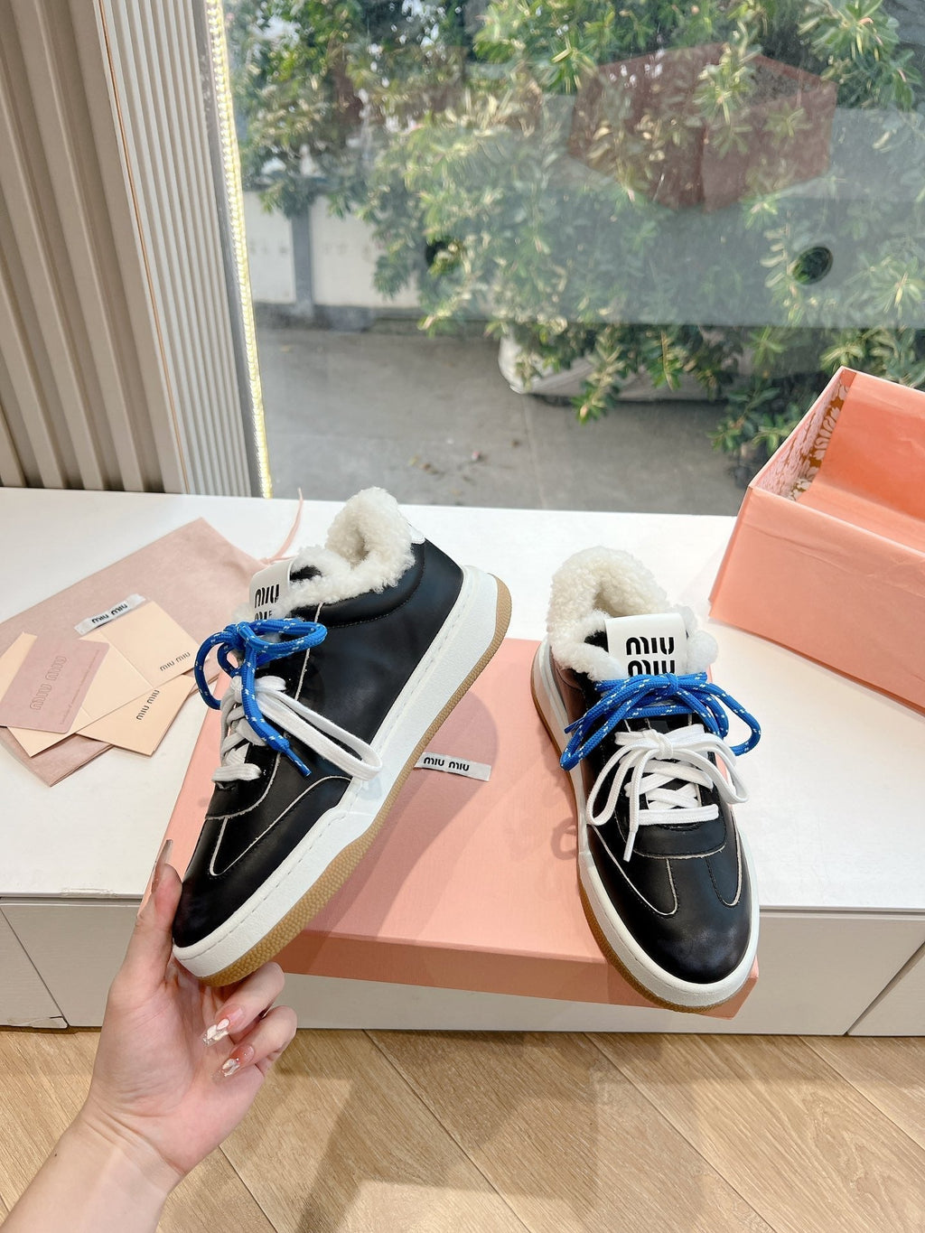 Miumiu 25 Platform Sneakers Black Blue Cowhide Wool 549098