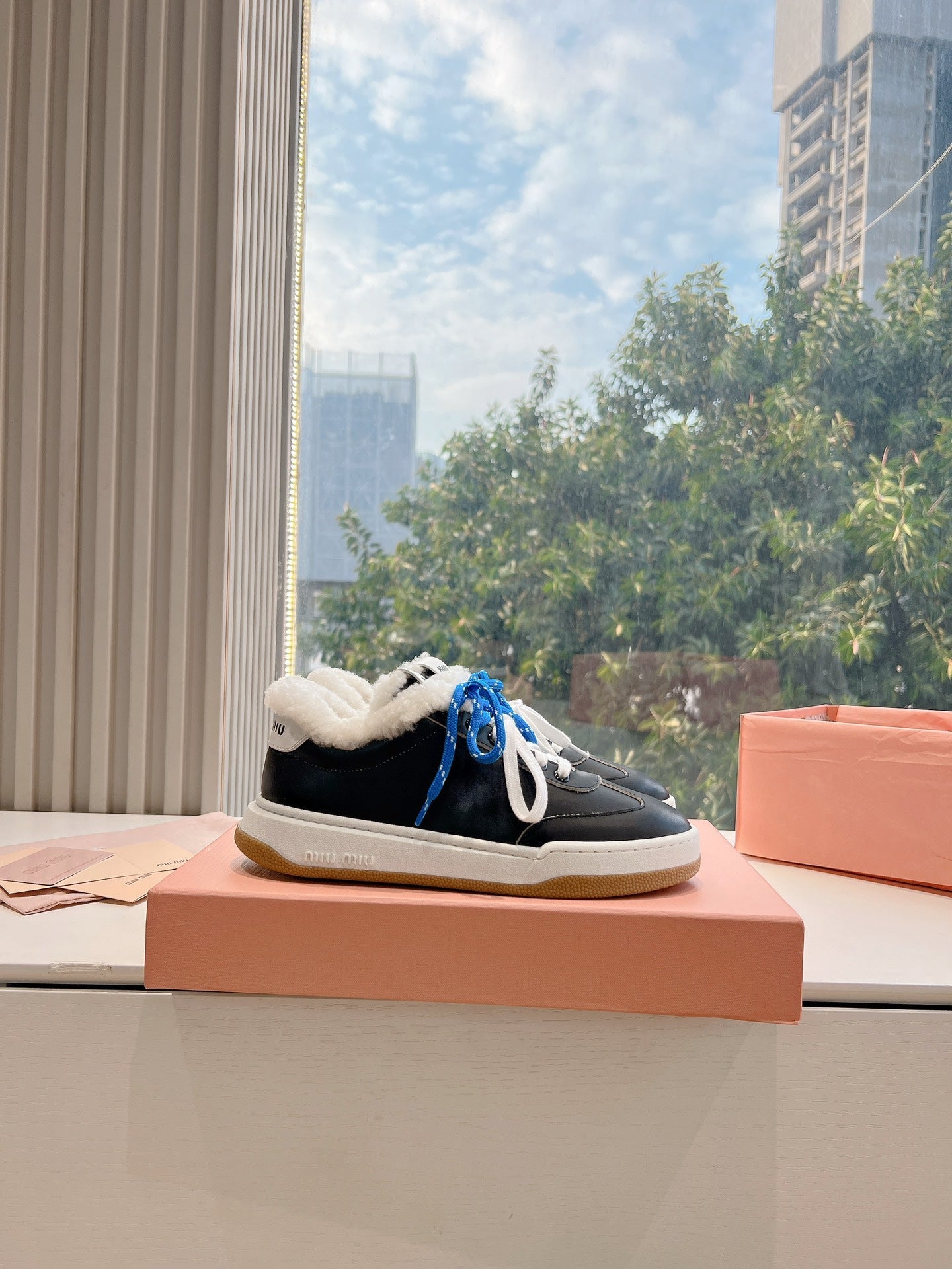 Miumiu 25 Platform Sneakers Black Blue Cowhide Wool 549098