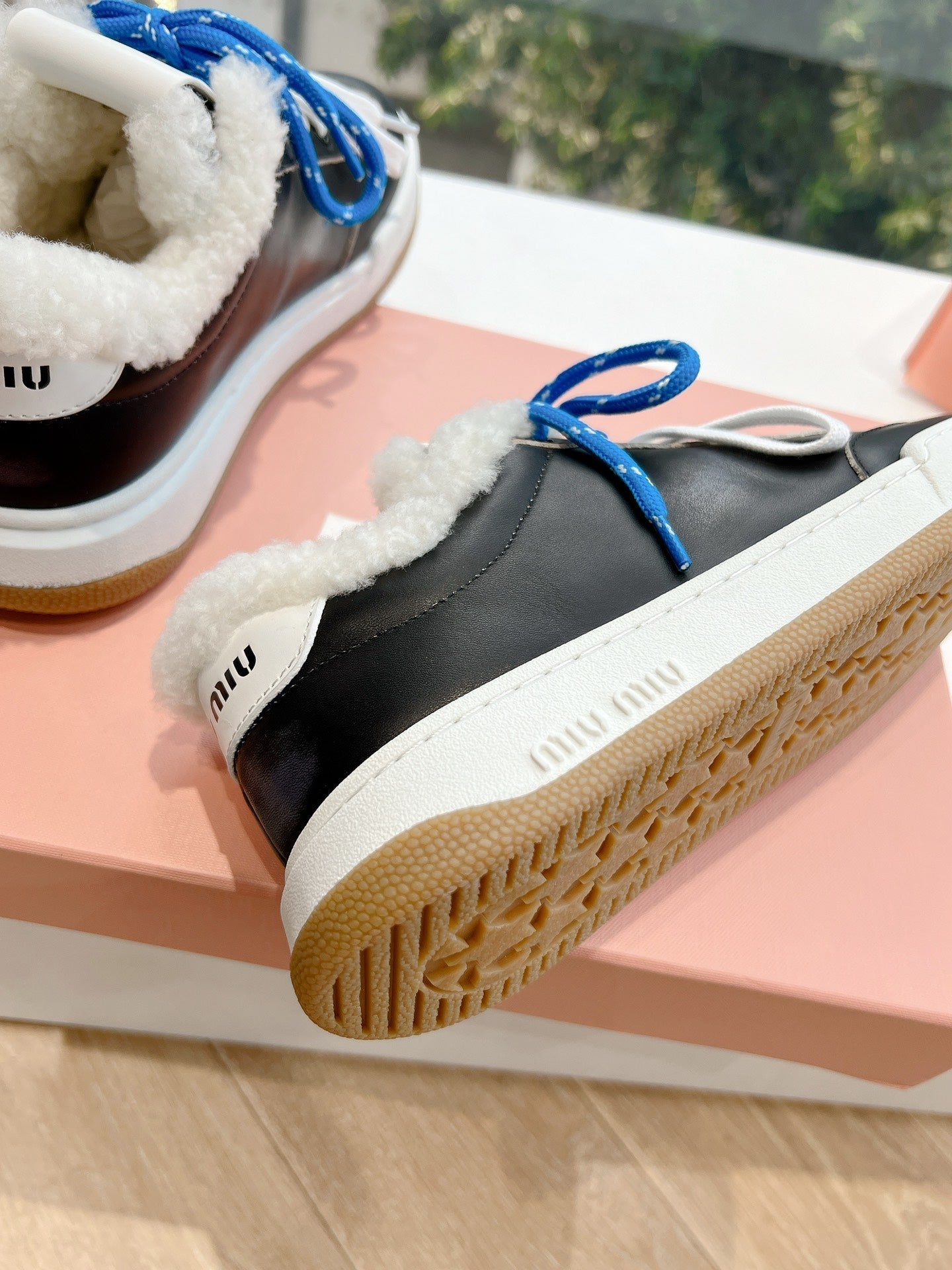 Miumiu 25 Platform Sneakers Black Blue Cowhide Wool 549098