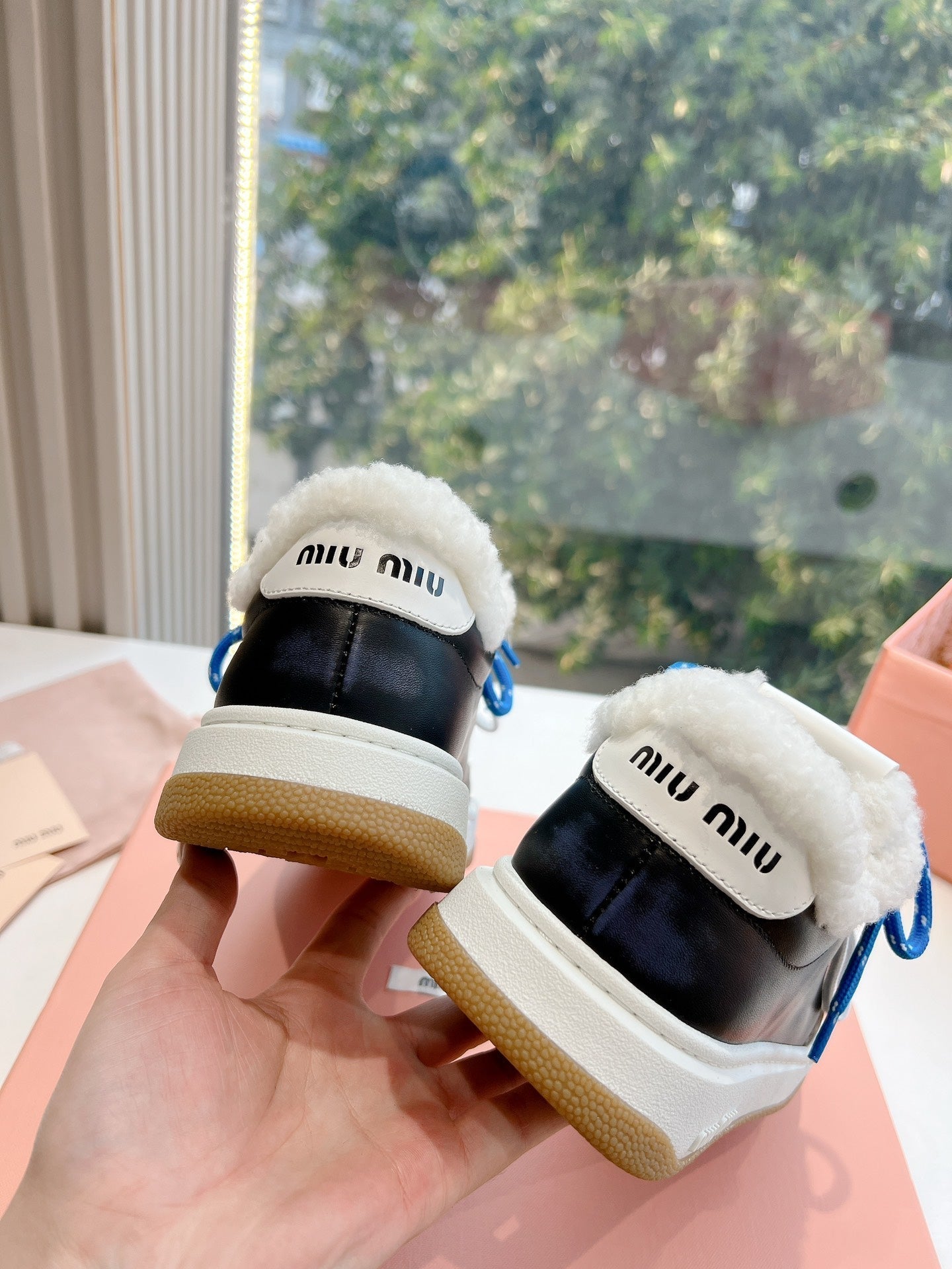 Miumiu 25 Platform Sneakers Black Blue Cowhide Wool 549098