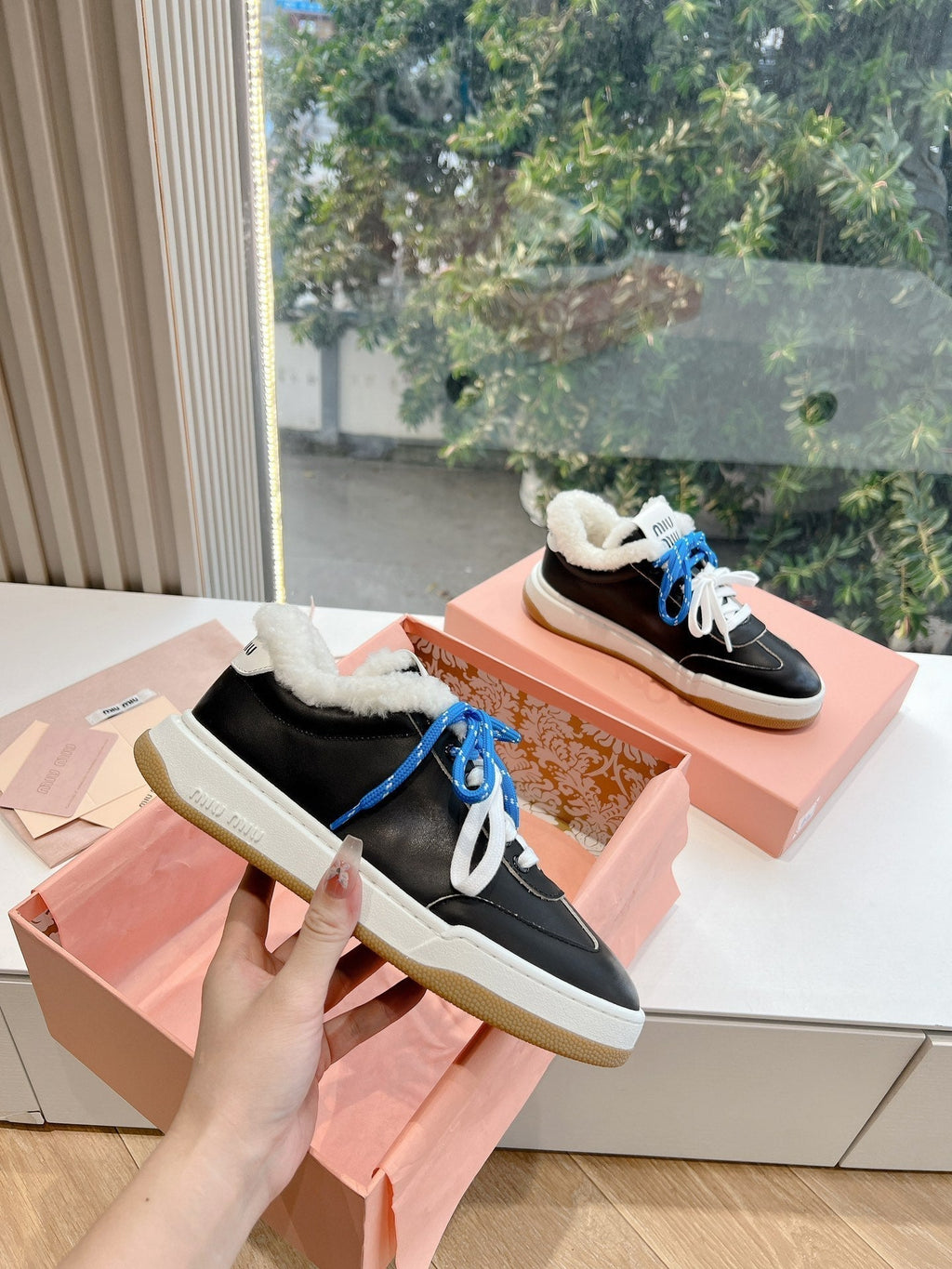 Miumiu 25 Platform Sneakers Black Blue Cowhide Wool 549098