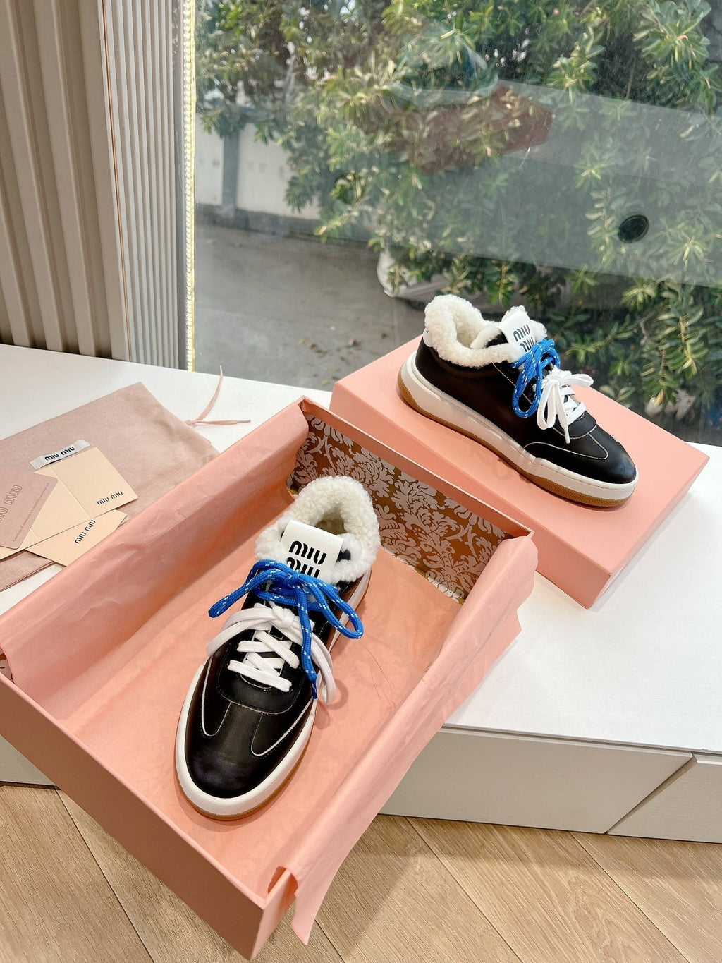 Miumiu 25 Platform Sneakers Black Blue Cowhide Wool 549098