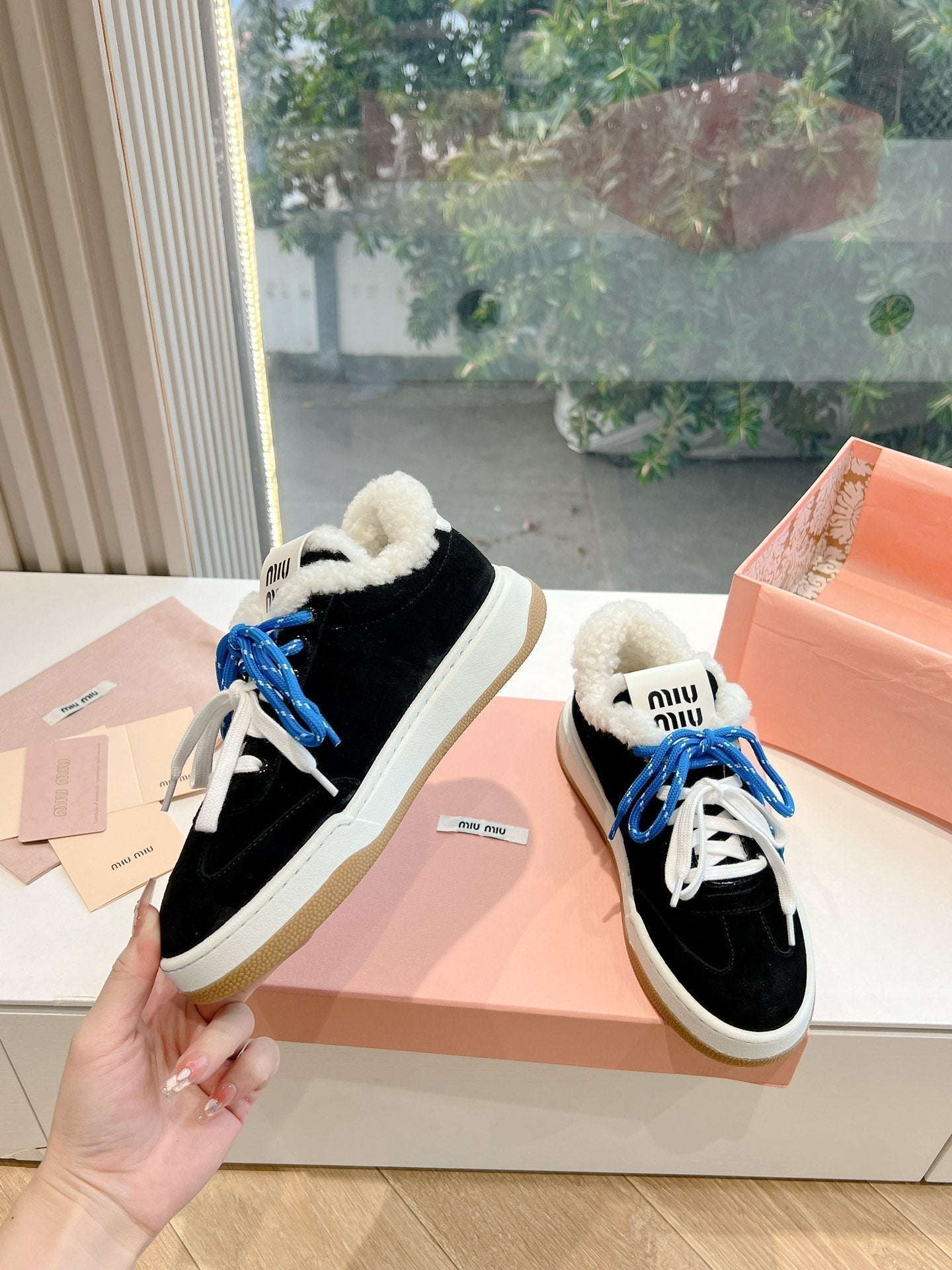 Miumiu 25 Platform Sneakers Black Blue Suede Wool 549099
