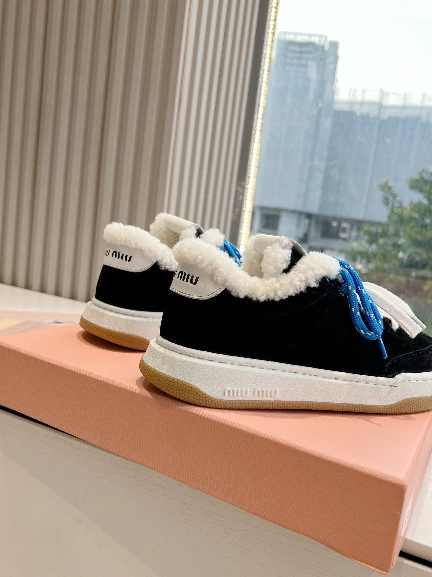 Miumiu 25 Platform Sneakers Black Blue Suede Wool 549099