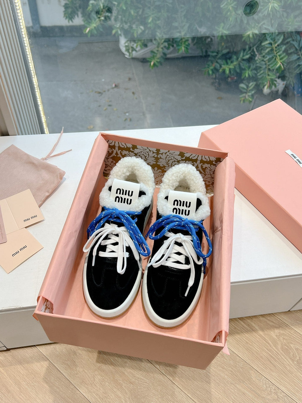 Miumiu 25 Platform Sneakers Black Blue Suede Wool 549099