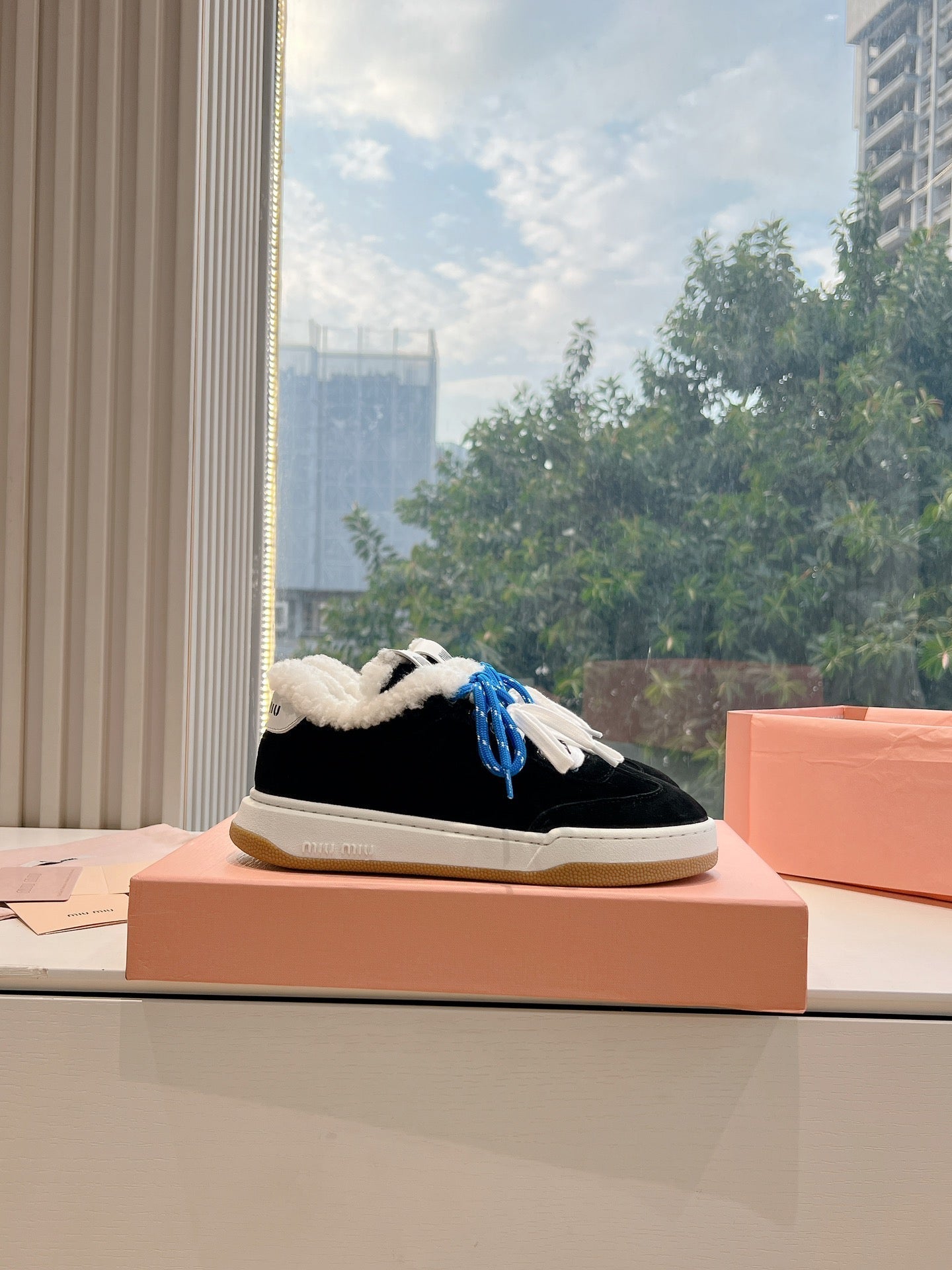 Miumiu 25 Platform Sneakers Black Blue Suede Wool 549099