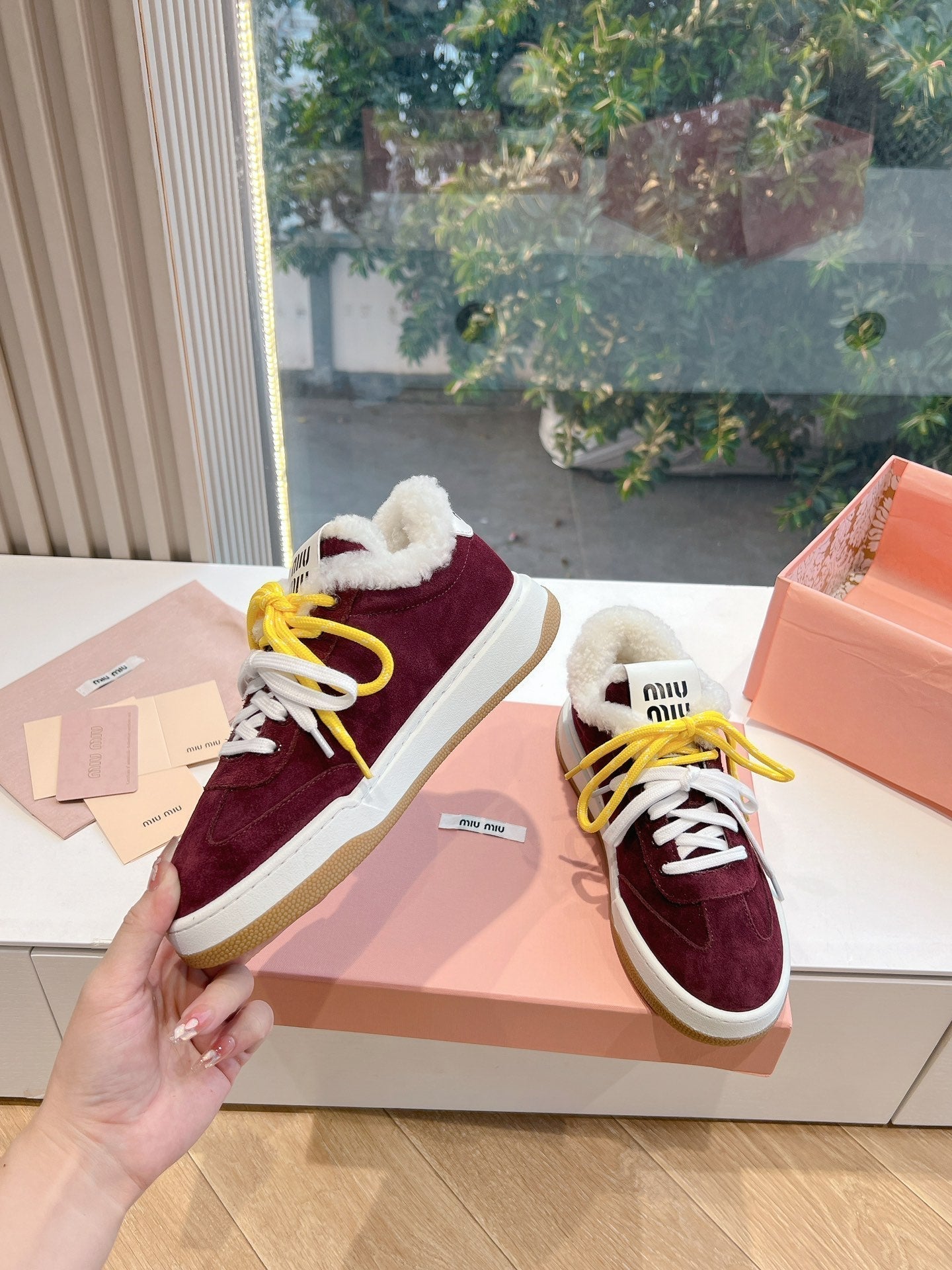Miumiu 25 Platform Sneakers Burgundy Yellow Suede Wool 549102