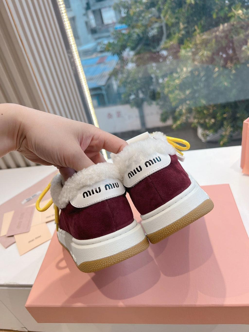 Miumiu 25 Platform Sneakers Burgundy Yellow Suede Wool 549102