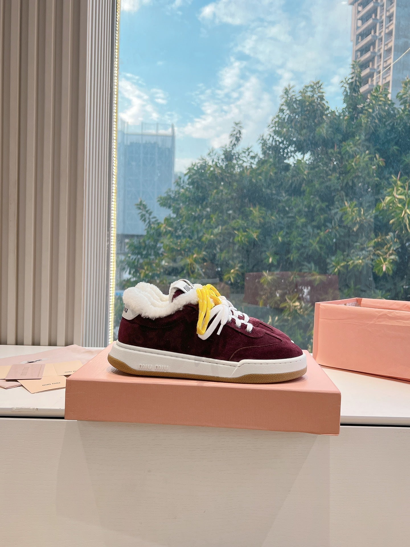Miumiu 25 Platform Sneakers Burgundy Yellow Suede Wool 549102
