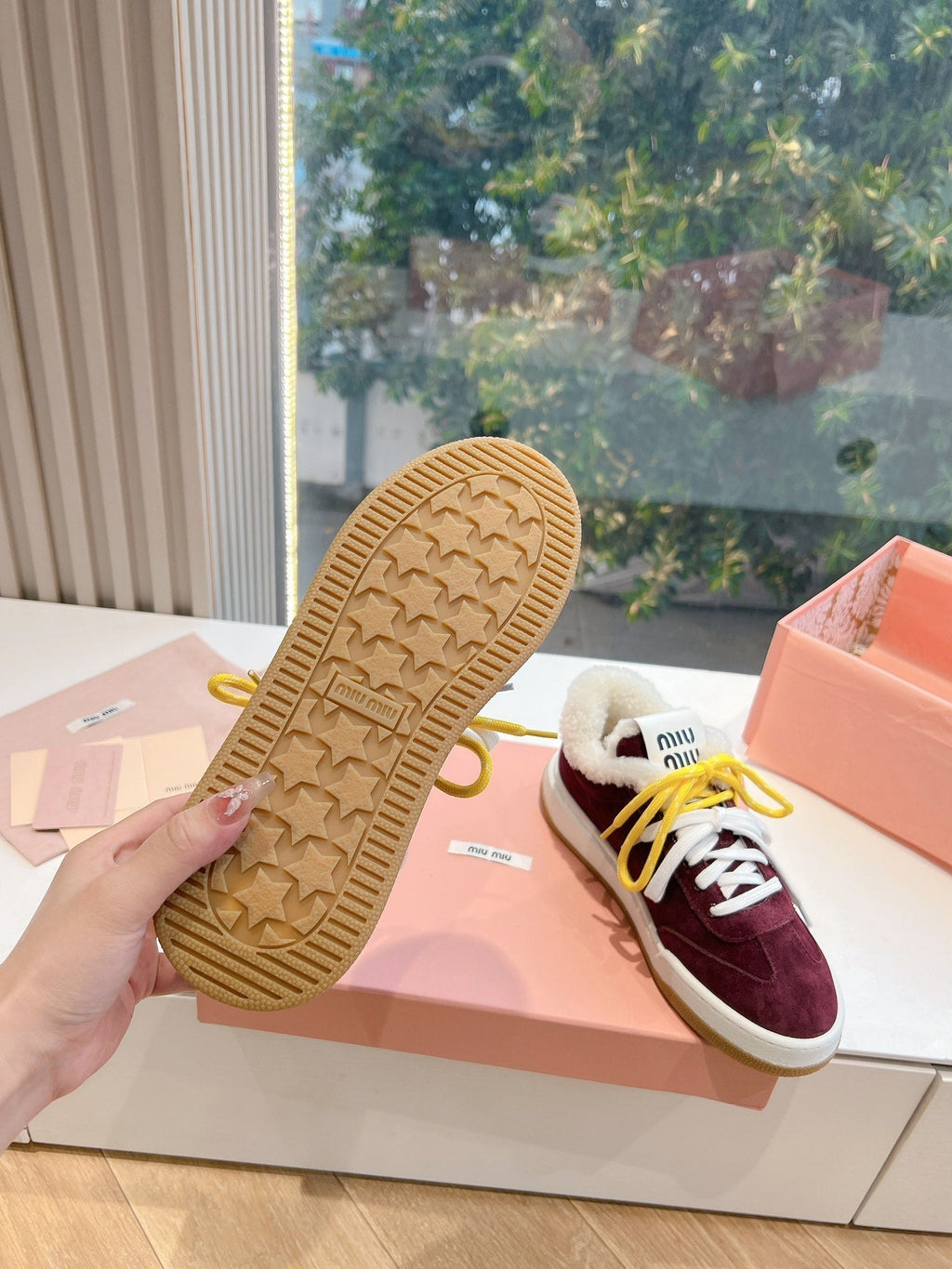 Miumiu 25 Platform Sneakers Burgundy Yellow Suede Wool 549102