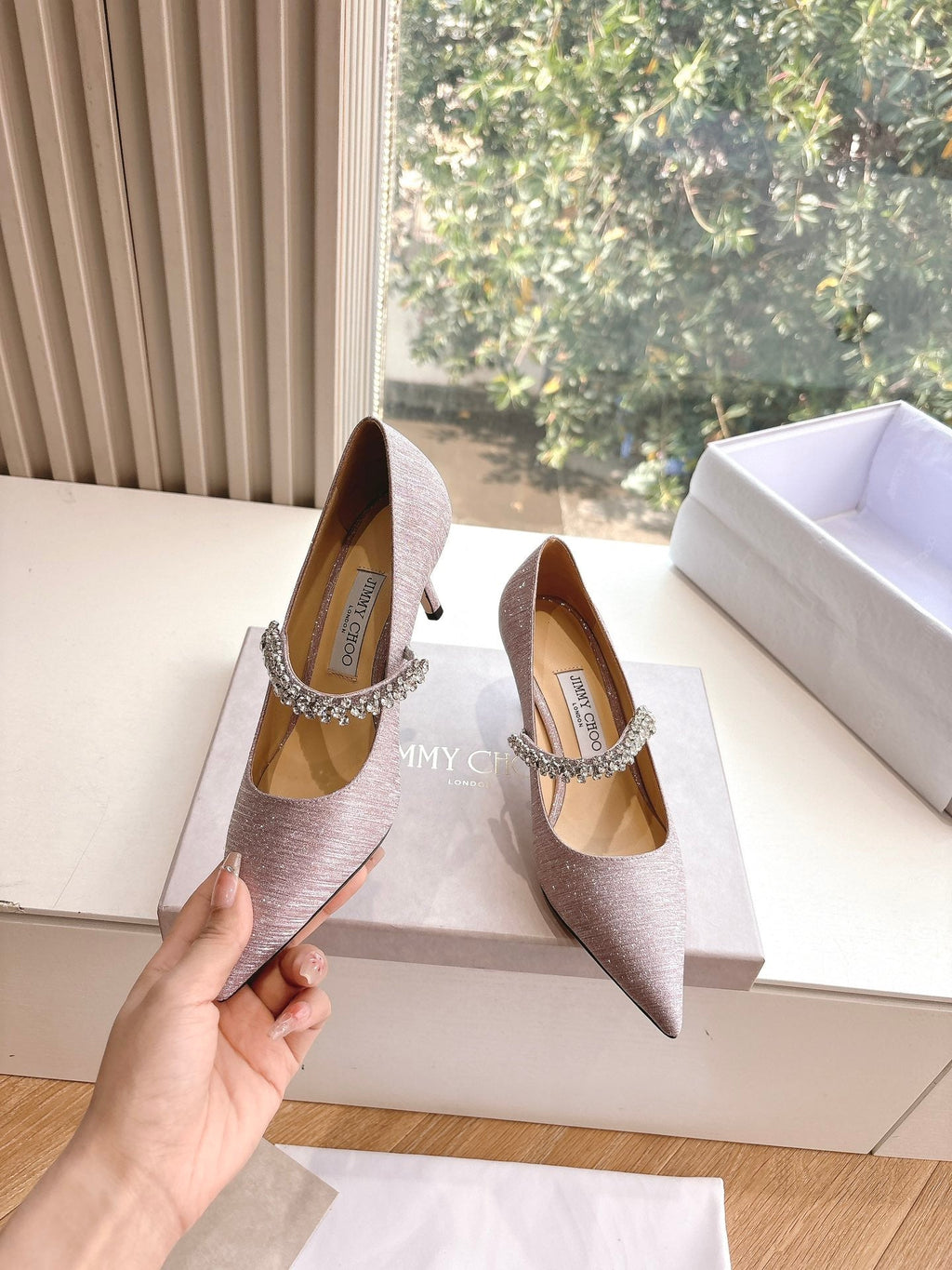 Jimmy Bing Pumps 65 with Crystals Muted Pink Glitter Fabric 547680