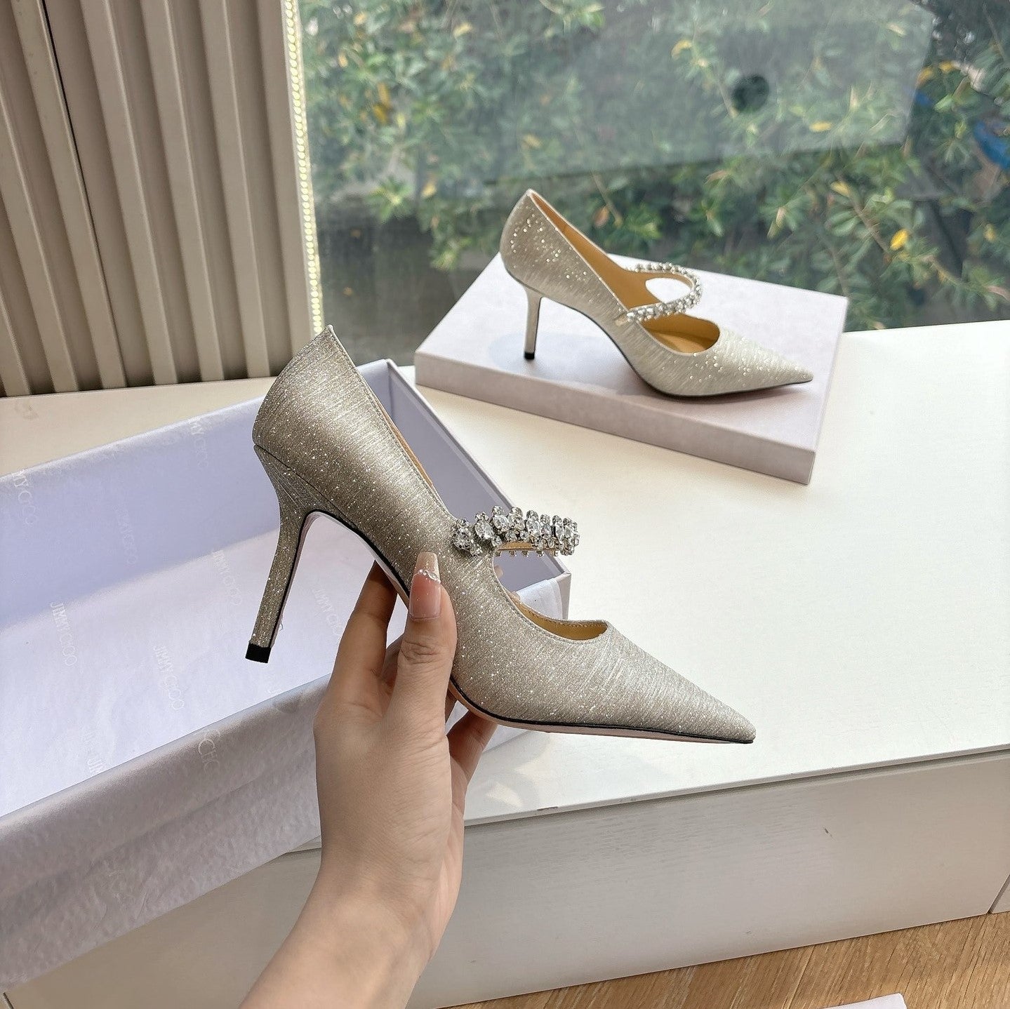 Jimmy Bing Pumps 85 with Crystals Sliver Glitter Fabric 547684