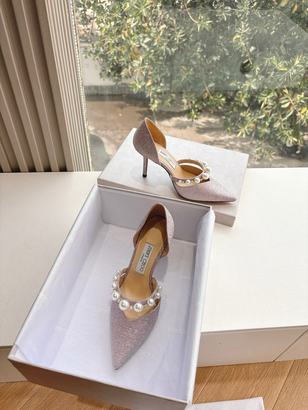 Jimmy Aureli Pearl-embellished Pumps 85mm Muted Pink Glitter 547688