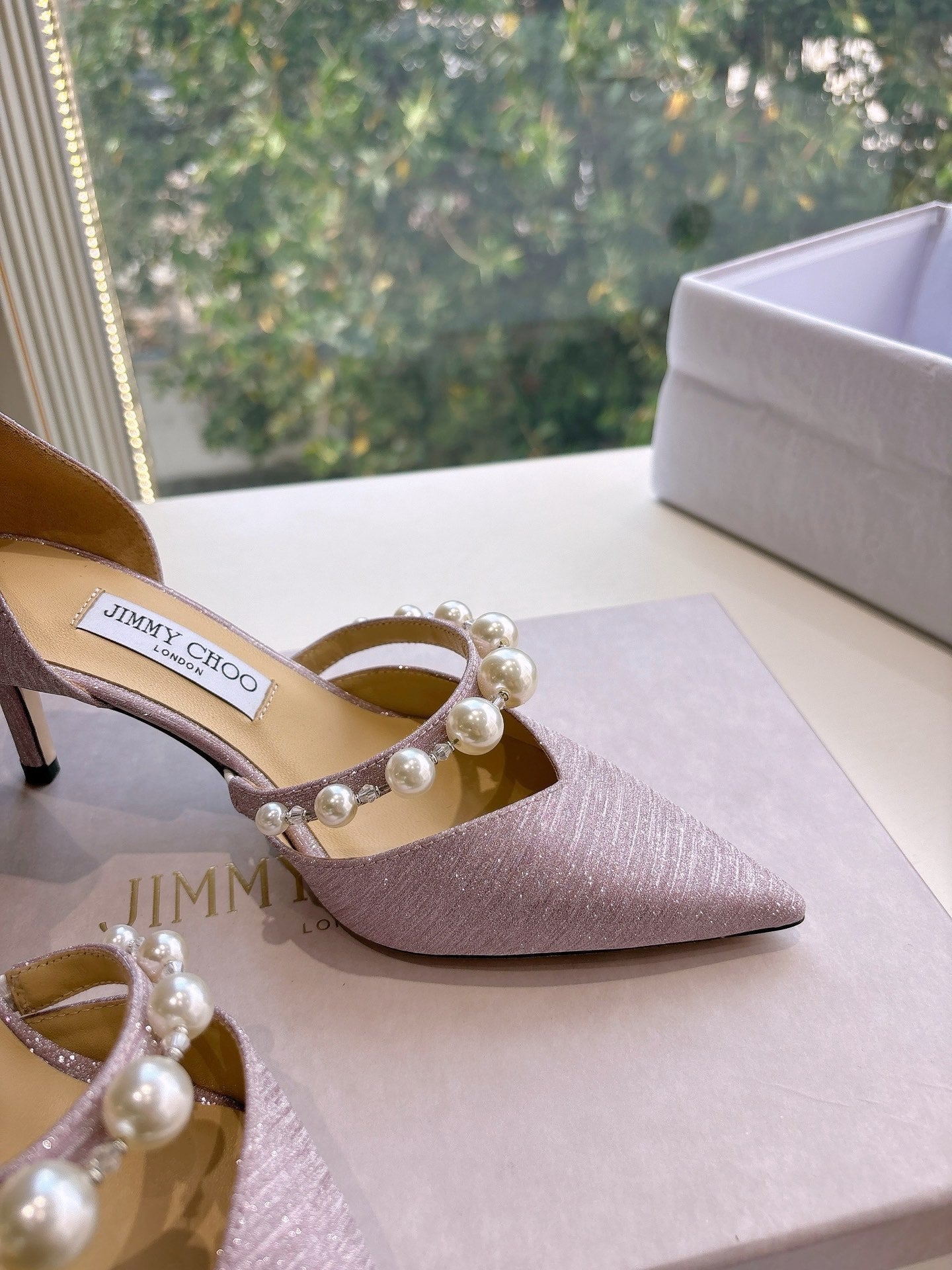 Jimmy Aureli Pearl-embellished Pumps 65mm Muted Pink Glitter 547690