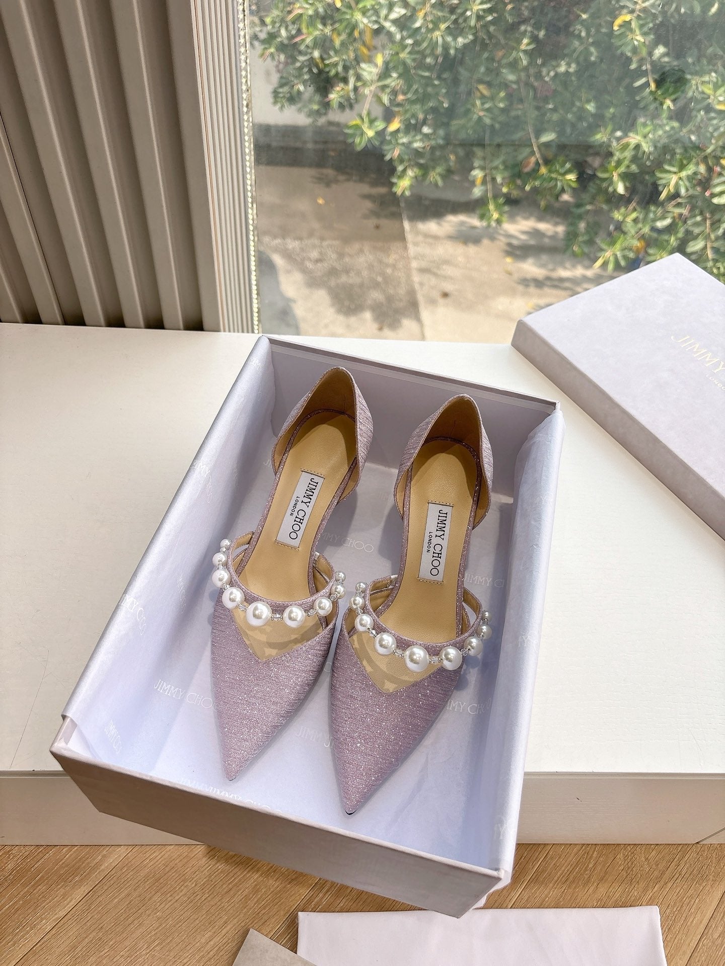 Jimmy Aureli Pearl-embellished Pumps 65mm Muted Pink Glitter 547690