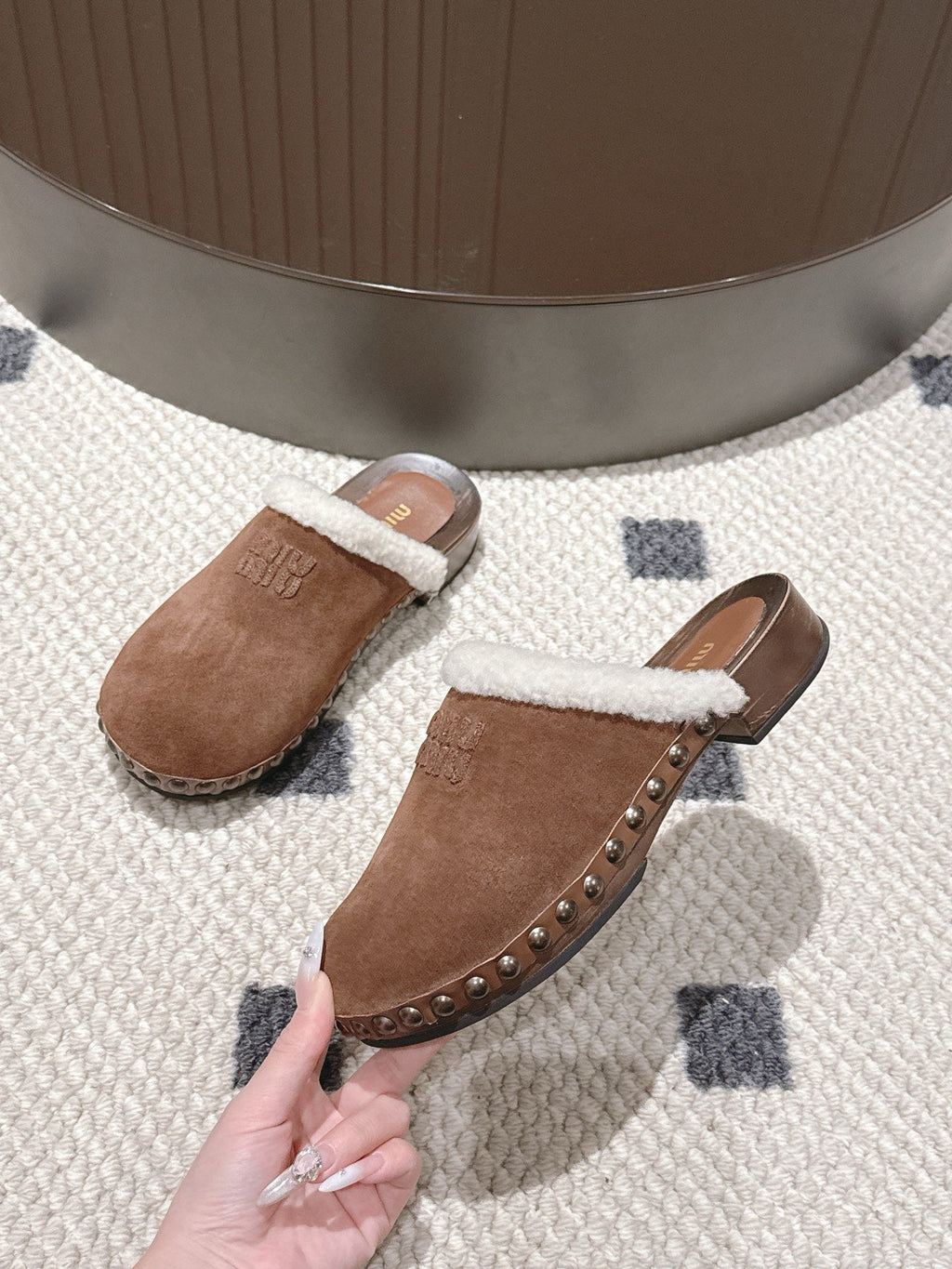 Miumiu 25 Shearling-trimmed Slipper Brown Suede Wool 547576