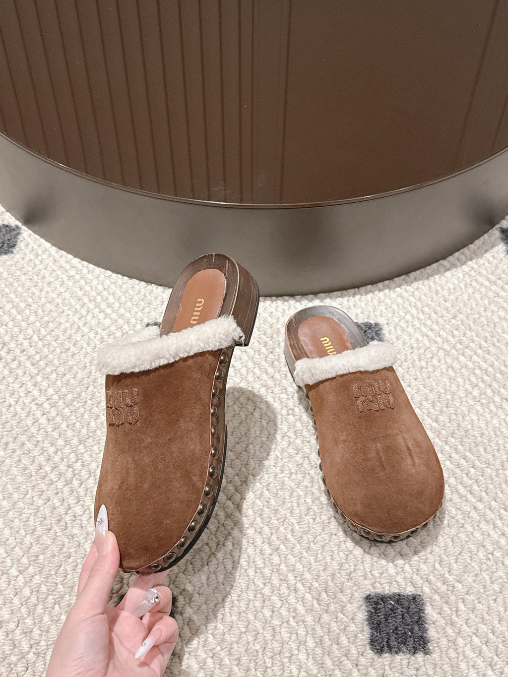 Miumiu 25 Shearling-trimmed Slipper Brown Suede Wool 547576