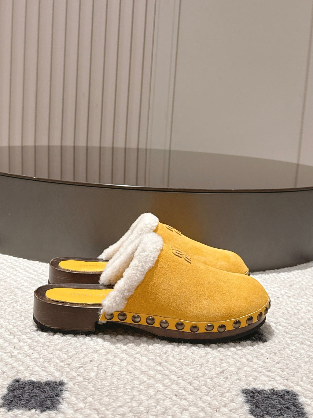 Miumiu 25 Shearling-trimmed Slipper Yellow Suede Wool 547577