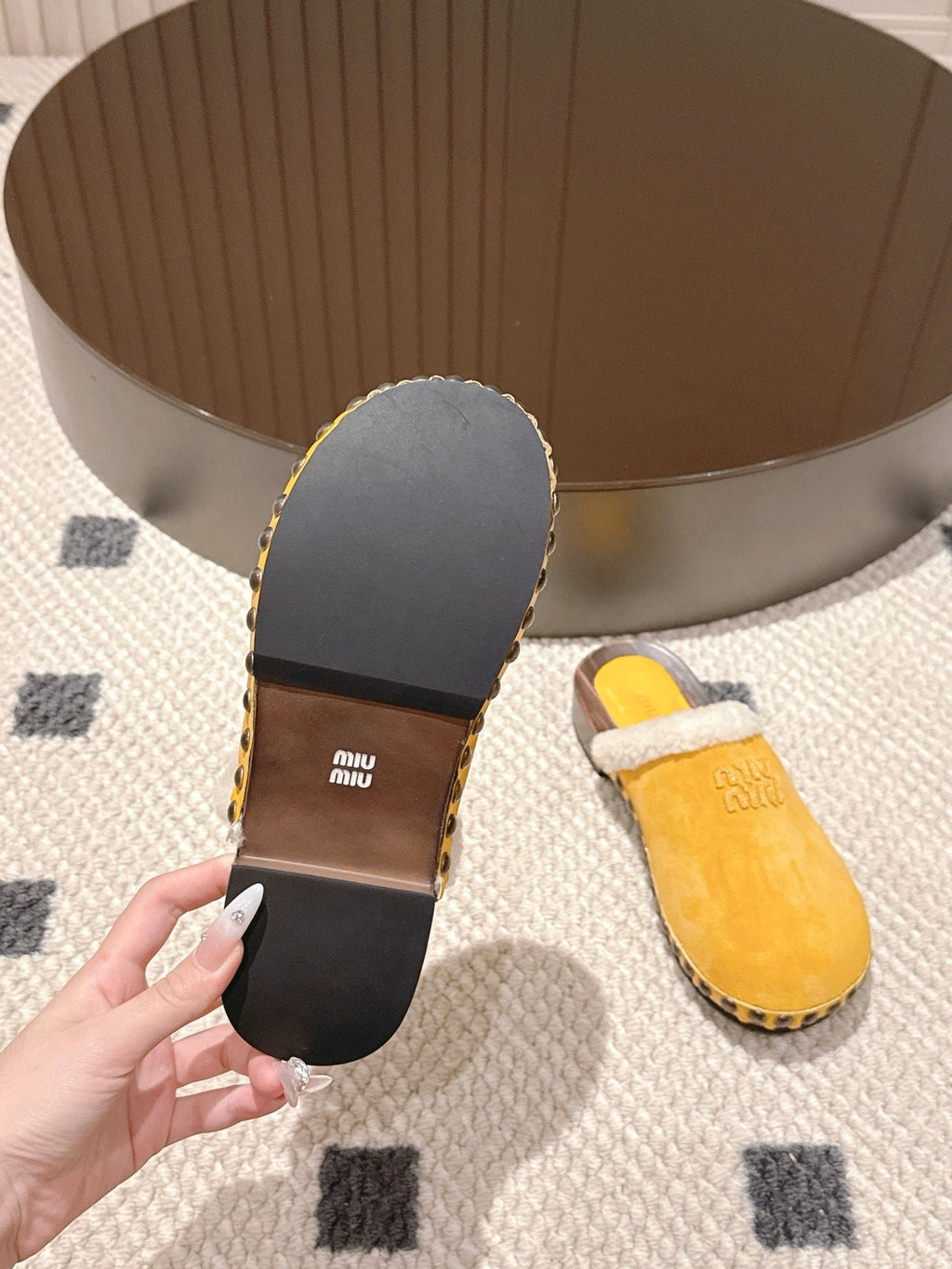 Miumiu 25 Shearling-trimmed Slipper Yellow Suede Wool 547577