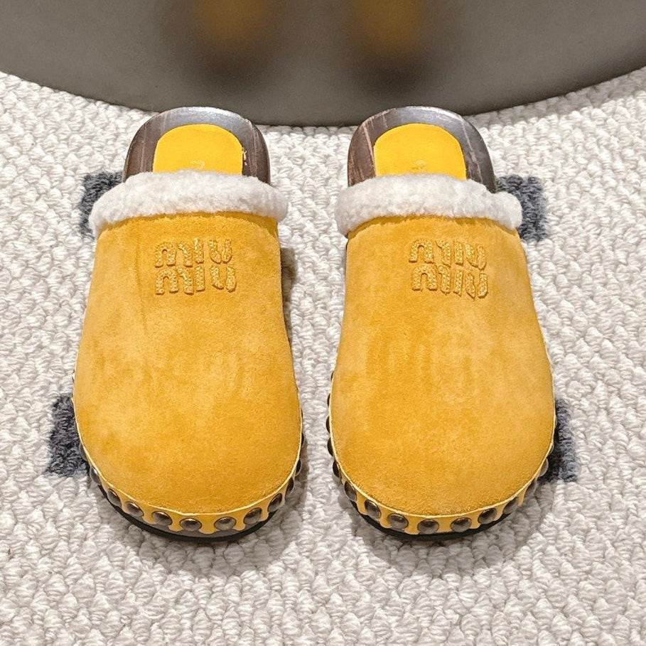 Miumiu 25 Shearling-trimmed Slipper Yellow Suede Wool 547577