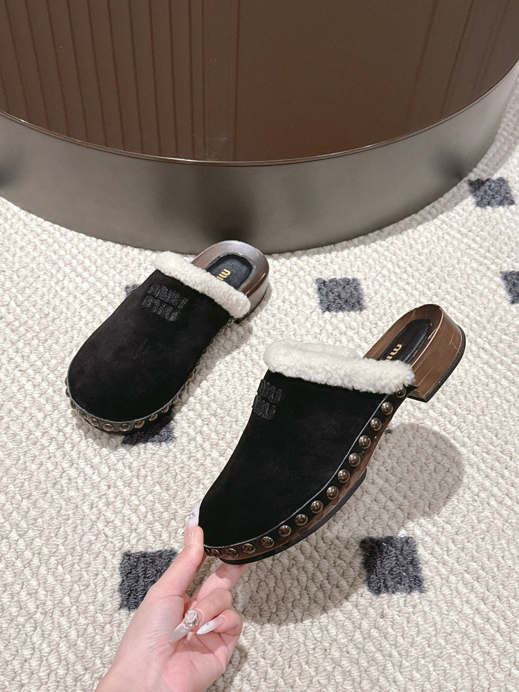 Miumiu 25 Shearling-trimmed Slipper Black Suede Wool 547578