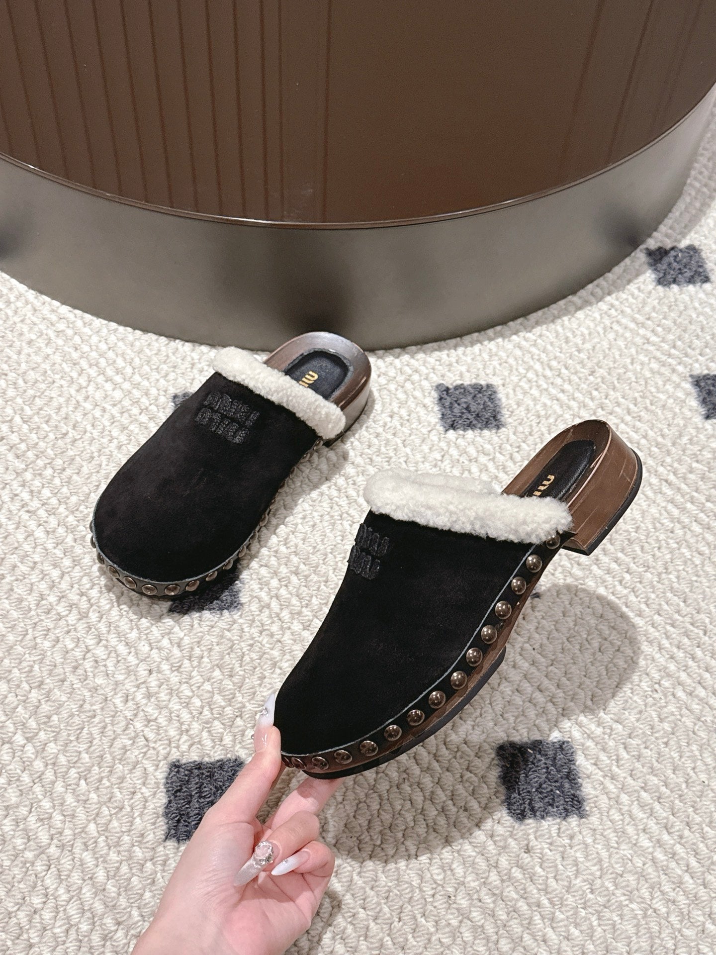 Miumiu 25 Shearling-trimmed Slipper Black Suede Wool 547578