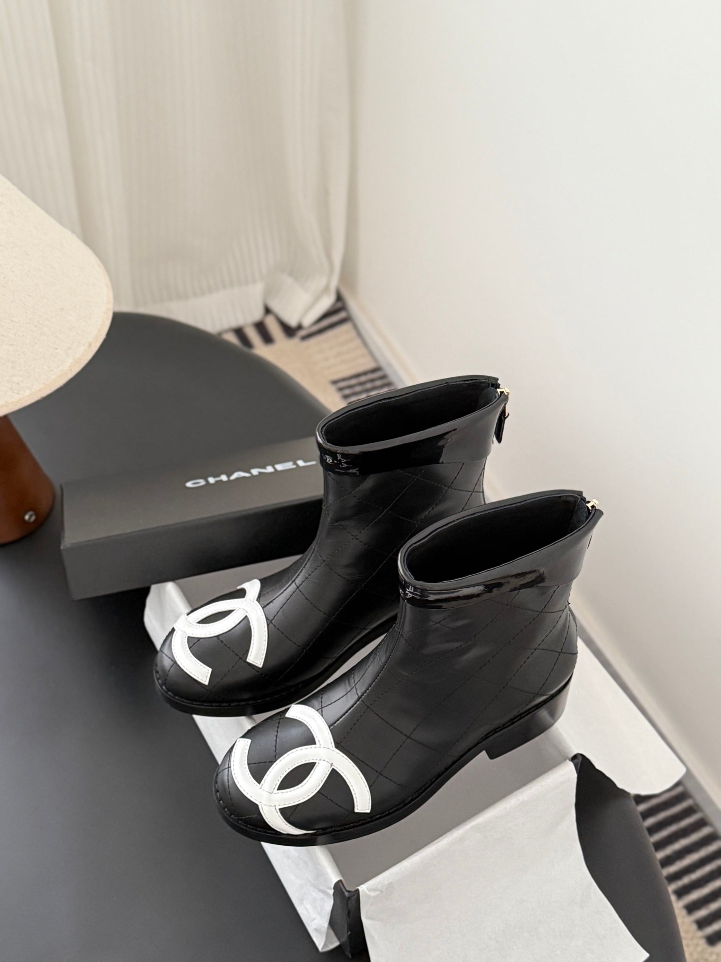 CC 2025 Vintage Cambon Mid-Calf Short Boots Black White Cowhide 550634