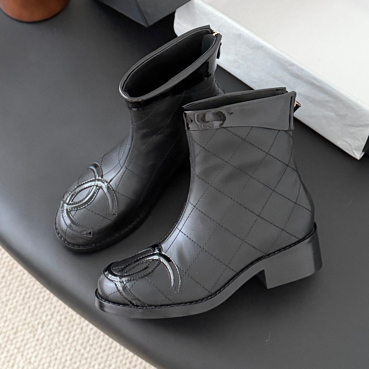 CC 2025 Vintage Cambon Mid-Calf Short Boots Black Cowhide 550635