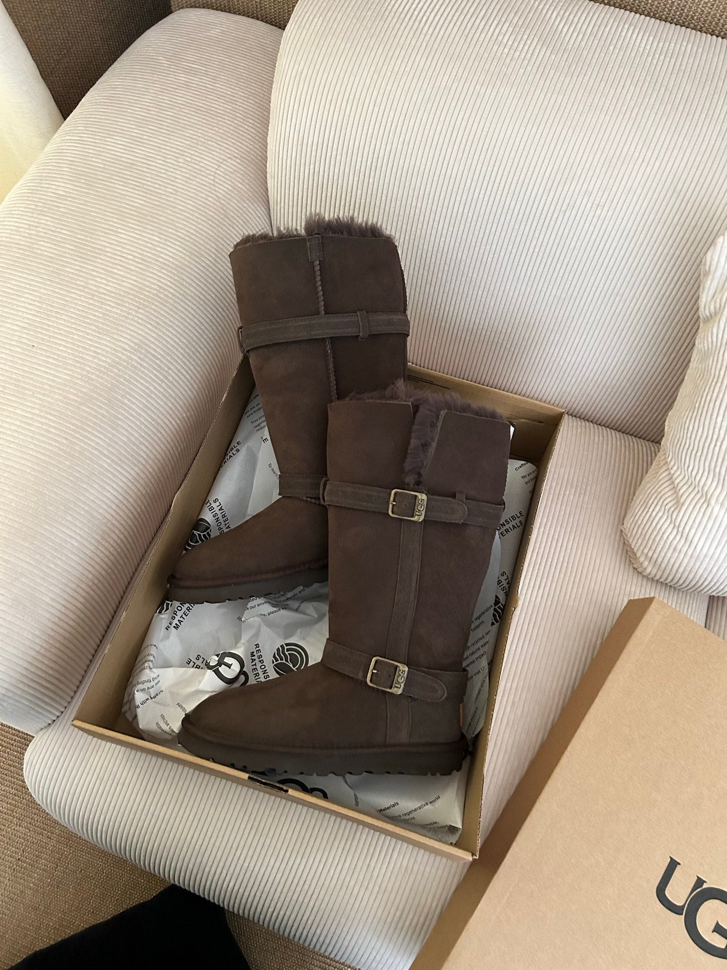 UGG Platform Foldable Tall Boots Dark Brown Suede Shearing