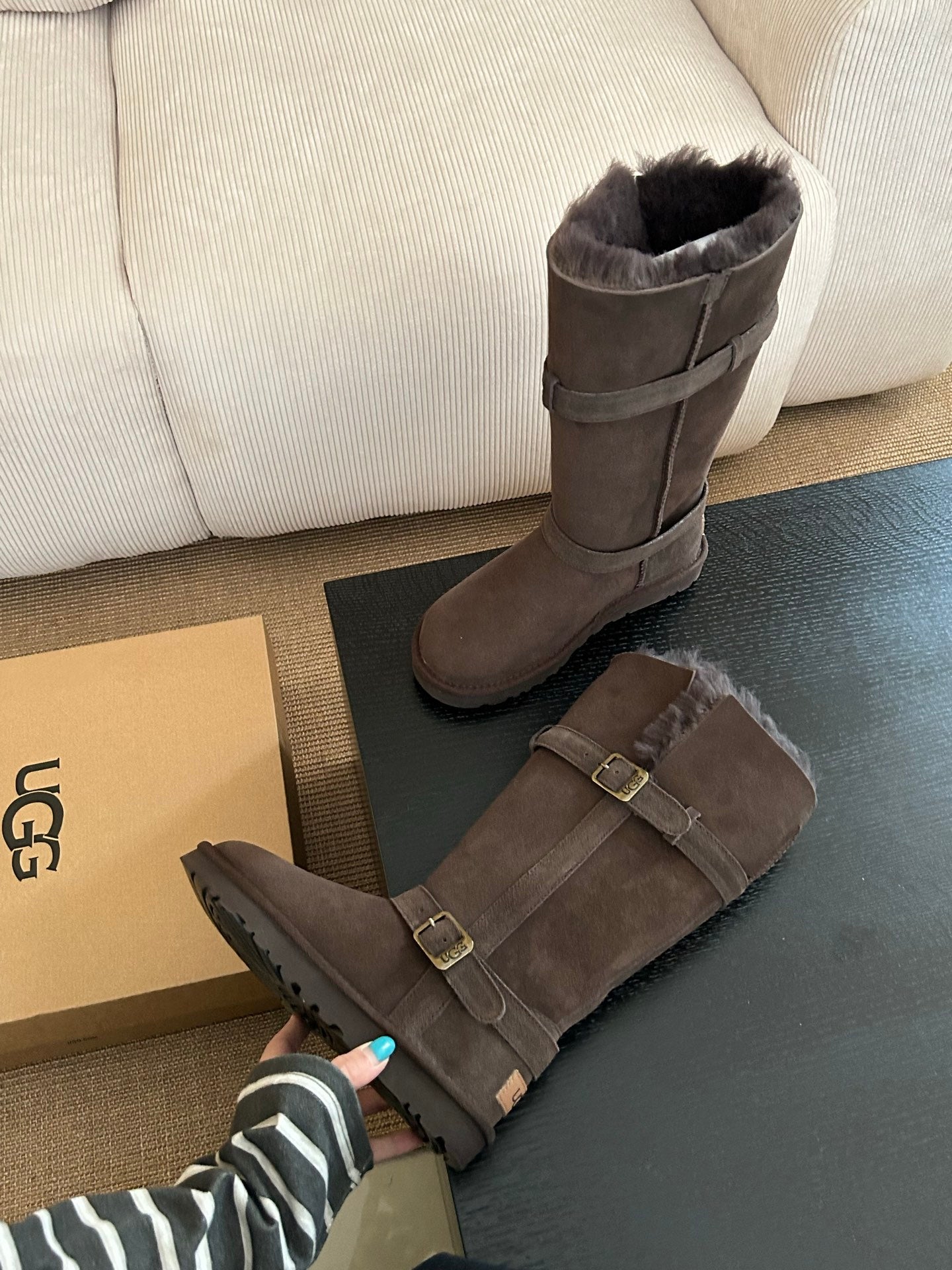 UGG Platform Foldable Tall Boots Dark Brown Suede Shearing