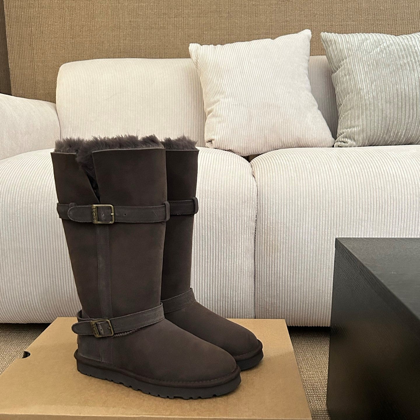 UGG Platform Foldable Tall Boots Dark Brown Suede Shearing