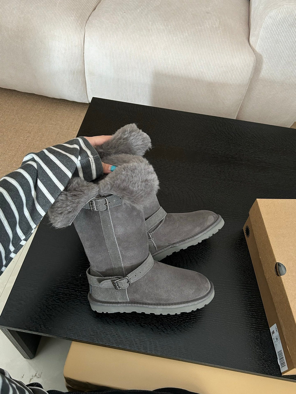 UGG Platform Foldable Tall Boots Grey Suede Shearing