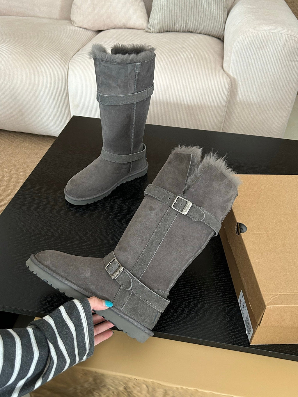 UGG Platform Foldable Tall Boots Grey Suede Shearing