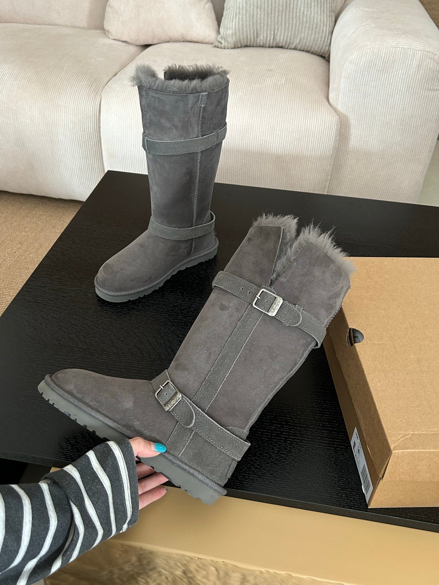 UGG Platform Foldable Tall Boots Grey Suede Shearing