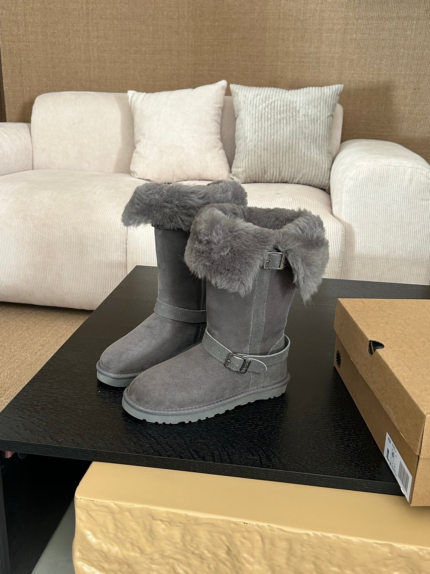 UGG Platform Foldable Tall Boots Grey Suede Shearing