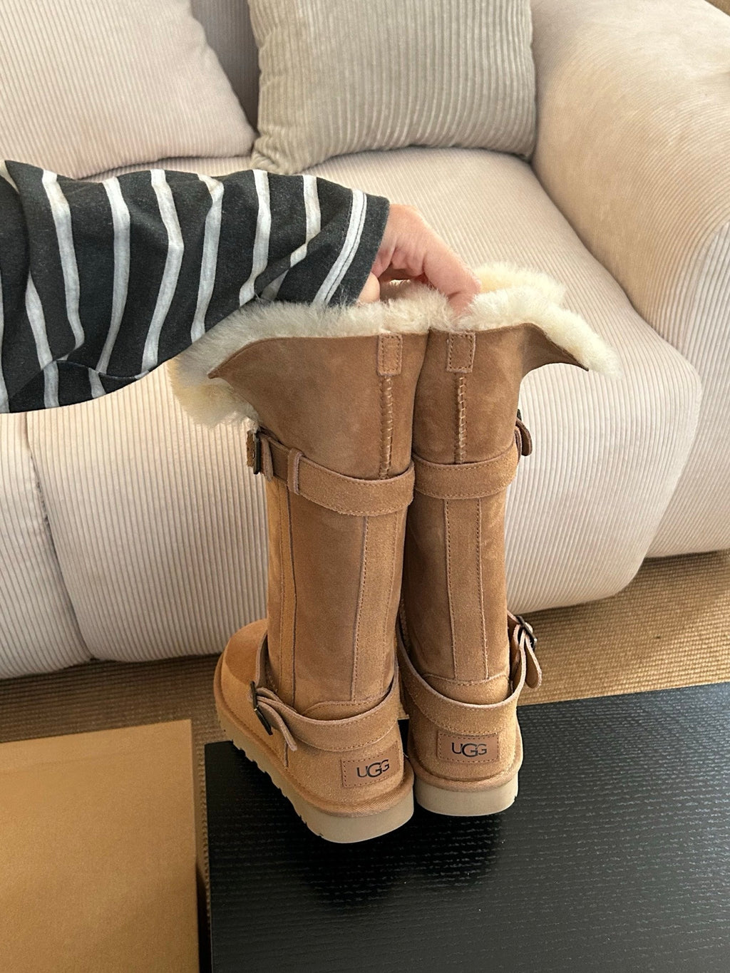 UGG Platform Foldable Tall Boots Brown Suede Shearing