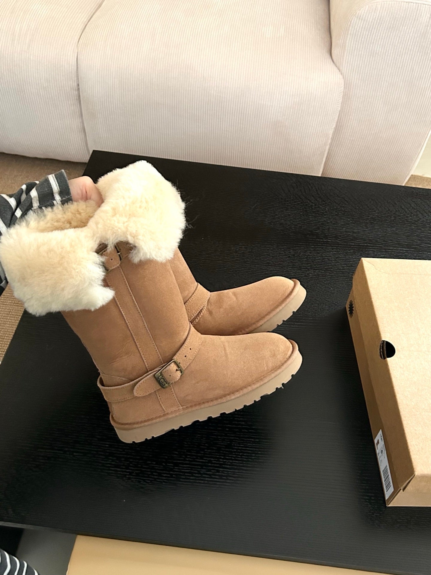 UGG Platform Foldable Tall Boots Brown Suede Shearing