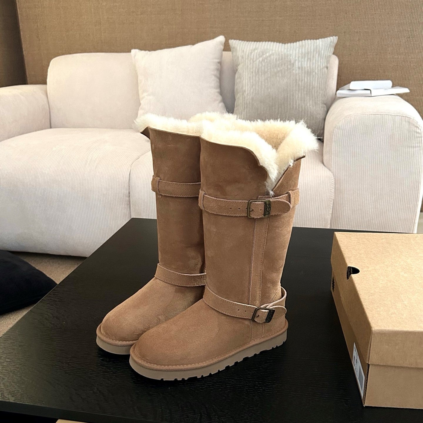 UGG Platform Foldable Tall Boots Brown Suede Shearing