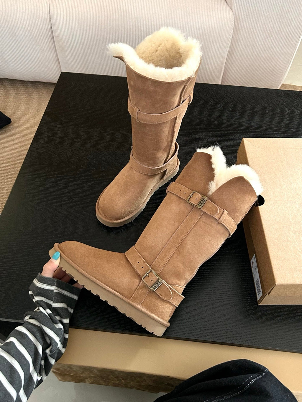 UGG Platform Foldable Tall Boots Brown Suede Shearing