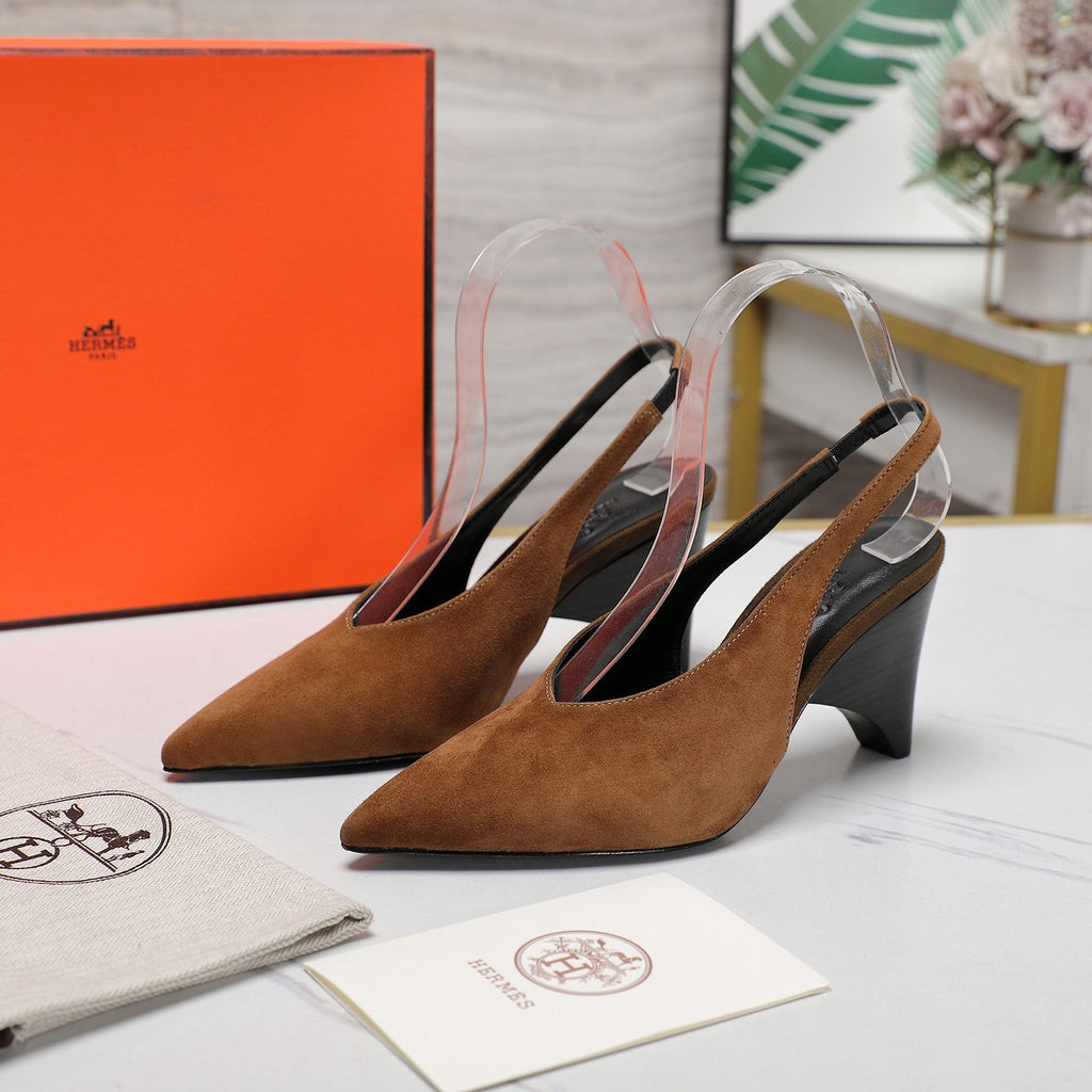 HM  Classic High-Heeled Slingback 70mm Brown Suede Sheepskin 547642