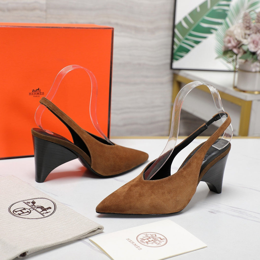 HM  Classic High-Heeled Slingback 70mm Brown Suede Sheepskin 547642