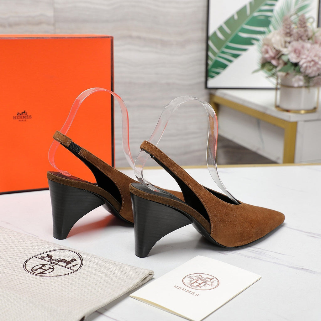 HM  Classic High-Heeled Slingback 70mm Brown Suede Sheepskin 547642