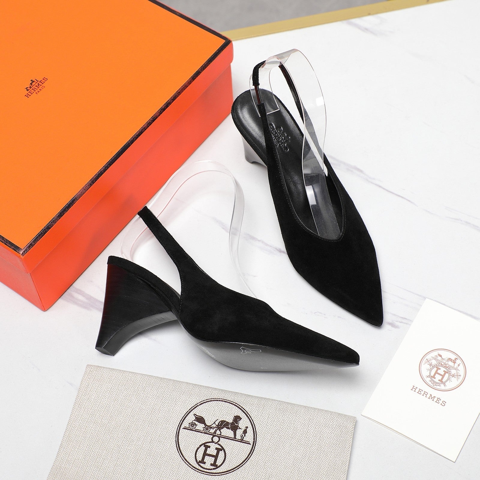 HM  Classic High-Heeled Slingback 70mm Black Suede Sheepskin 547643