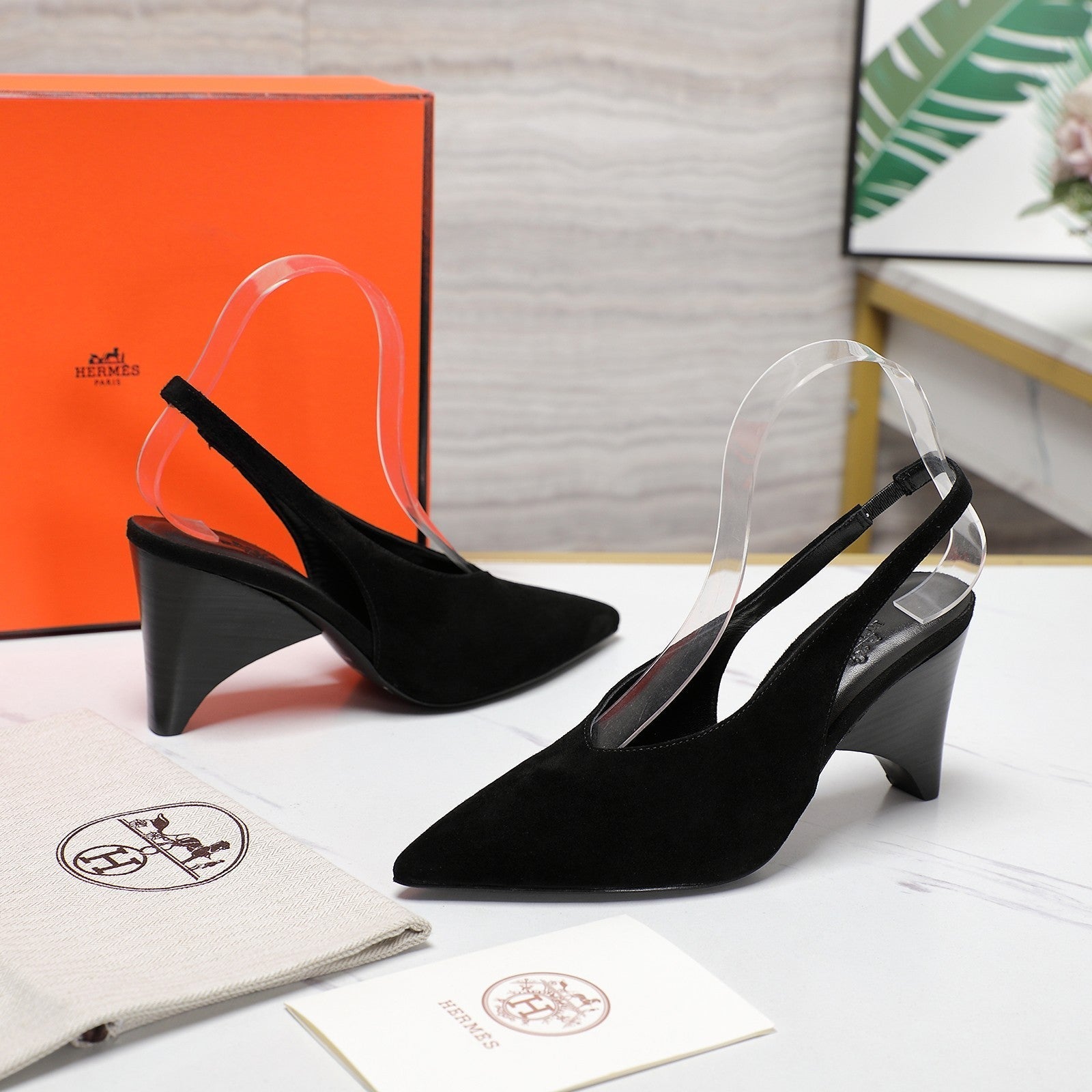 HM  Classic High-Heeled Slingback 70mm Black Suede Sheepskin 547643