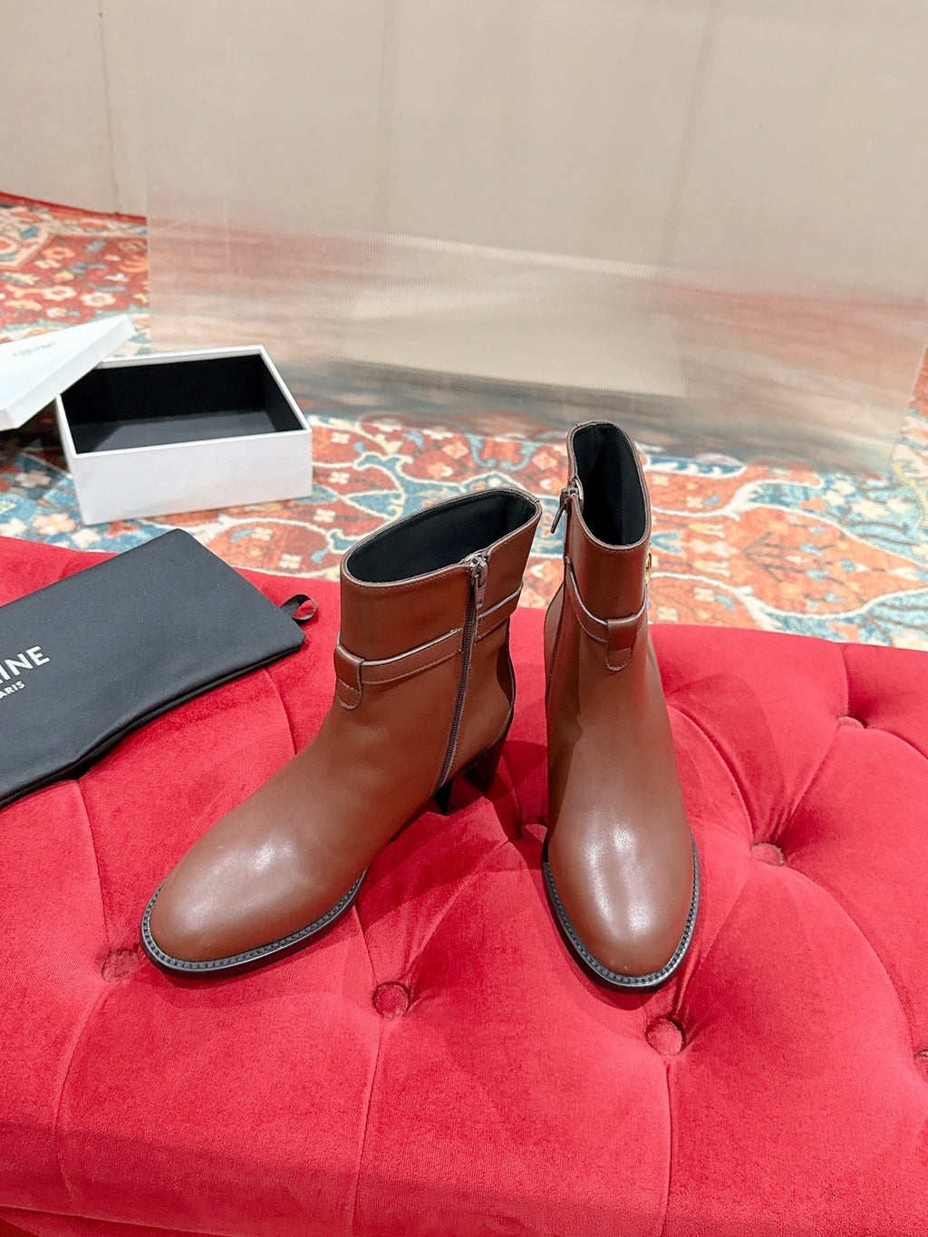 Celine Garance Triomphe Strap Boot 60mm Brown Calfskin
