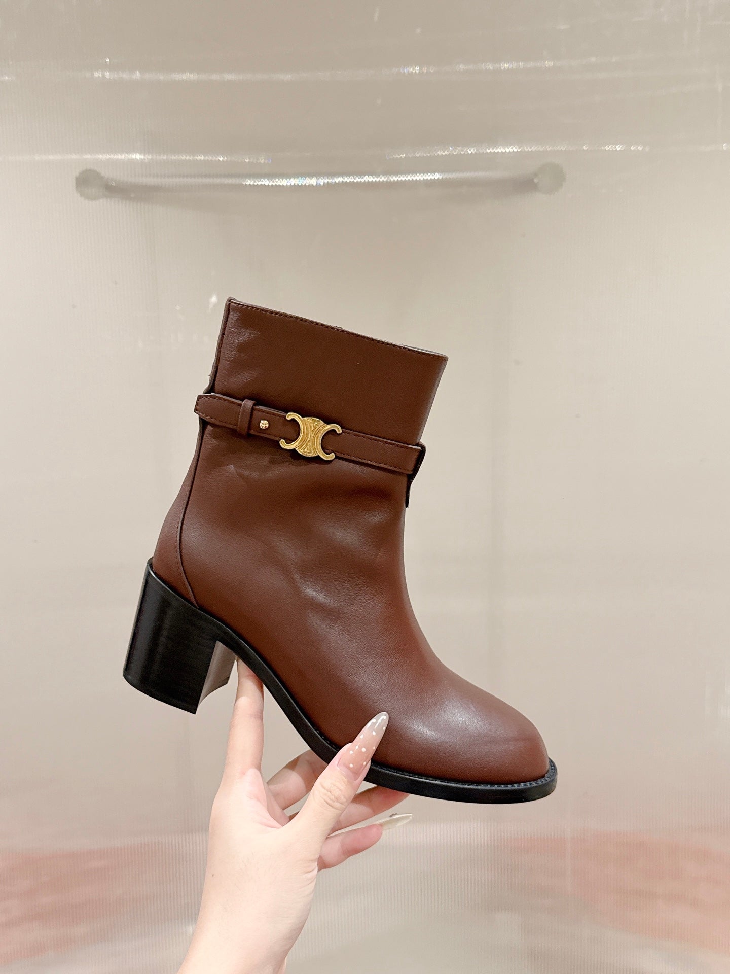 Celine Garance Triomphe Strap Boot 60mm Brown Calfskin